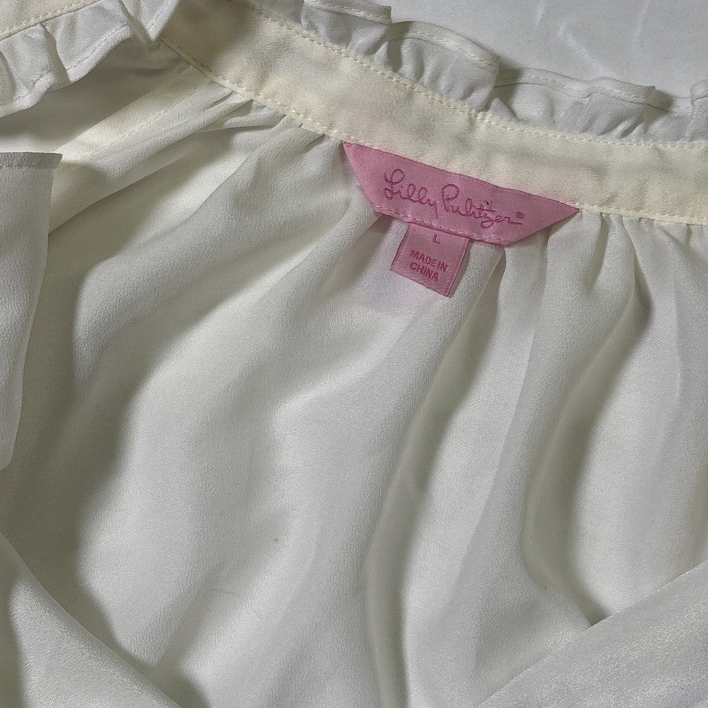 Lilly Pulitzer White Ruffle Neck Long Sleeve Elastic Bottom Blouse - Size L - Picture 3 of 9